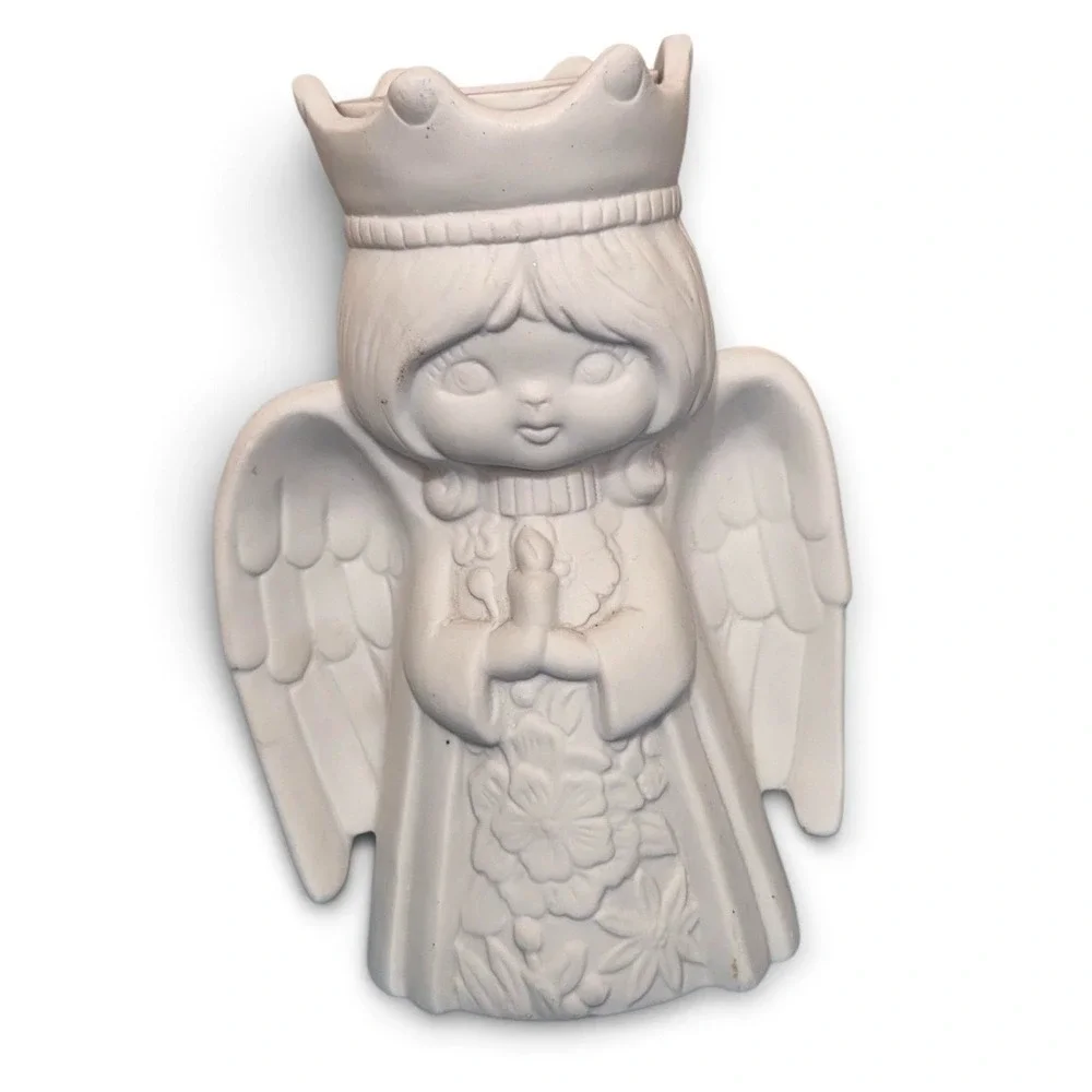 Vintage White Bisque Ceramic Angel Figurine Crown Candle Holder 6 Inch